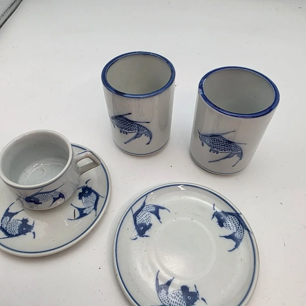 Pier 1 Blue White Koi Fish Ceramic Tea Tumblers and Espresso Cup Saucer Set